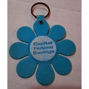 Vintage Capitol Federal Savings Flower Power Blue/White Rubber Keychain